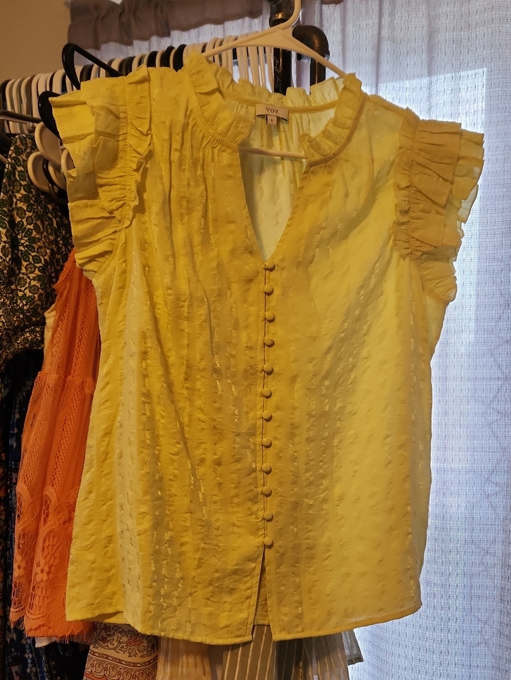 VOY Yellow Ruffle Cap-Sleeve Button-Front Blouse